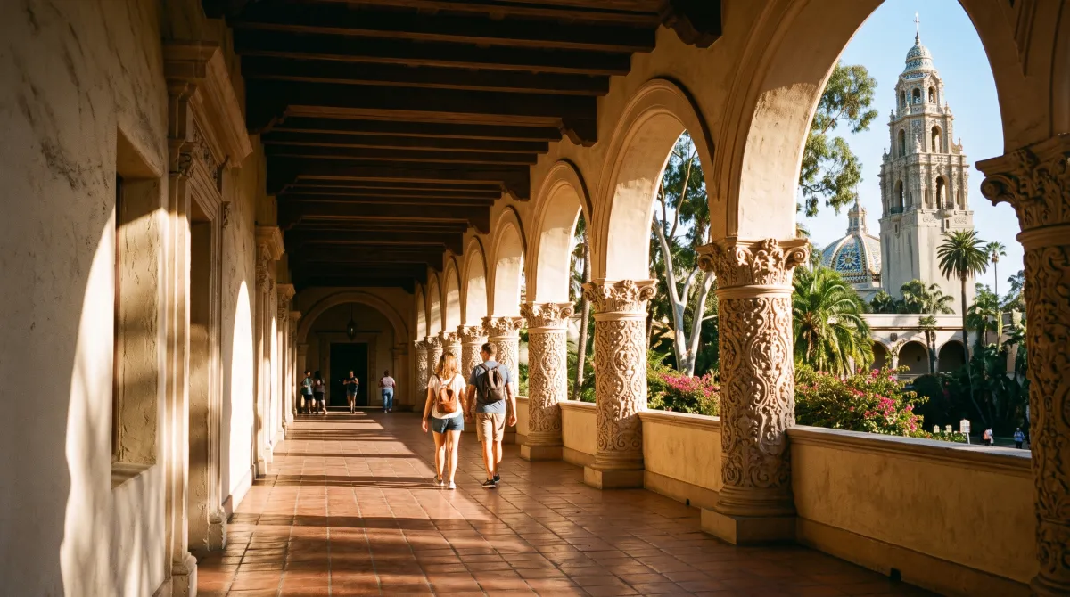 El Prado arcade walkway in Balboa Park San Diego with the California Tower