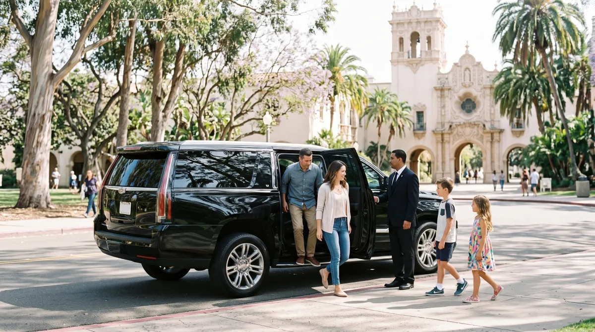 Private black SUV dropping off a family at Balboa Park