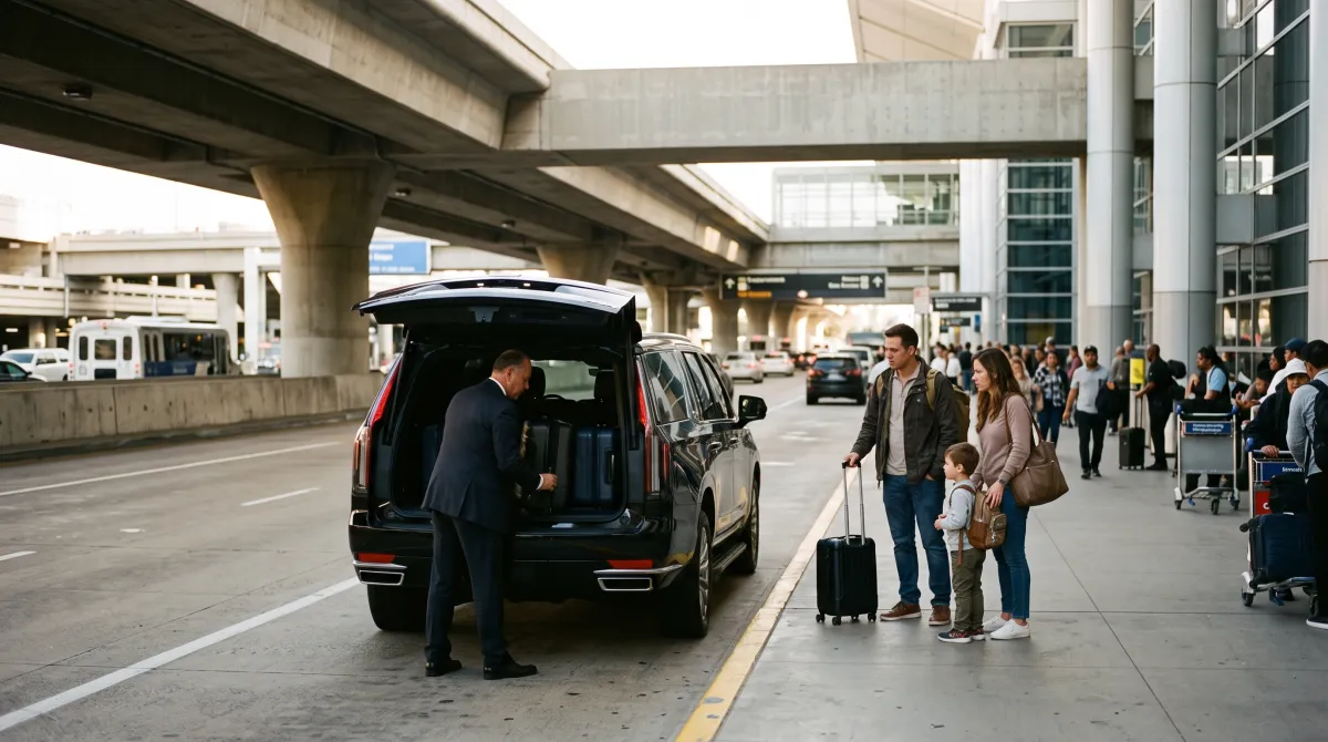 Chauffeur loading luggage into a black SUV at the LAX arrivals curb