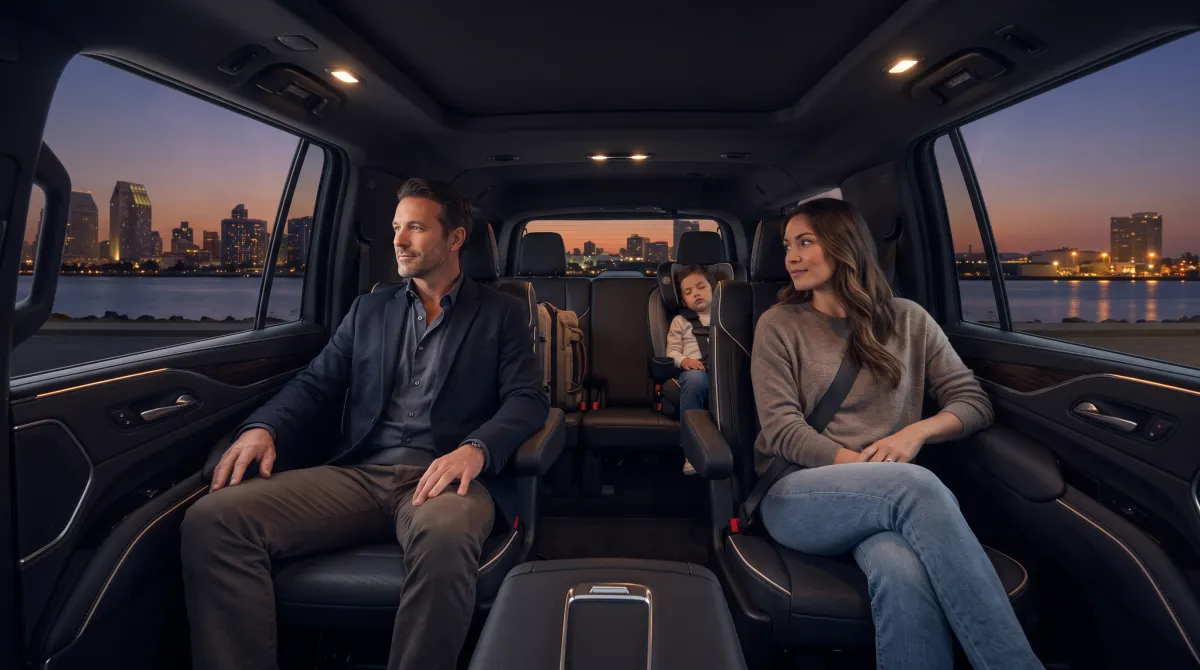 Family relaxing inside a black SUV arriving in San Diego, child in a car seat