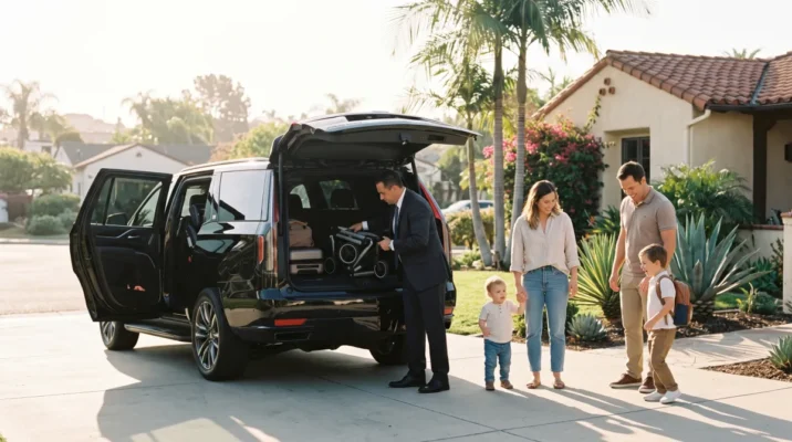 Chauffeur loading a stroller into a black SUV for a family trip from San Diego to Disneyland