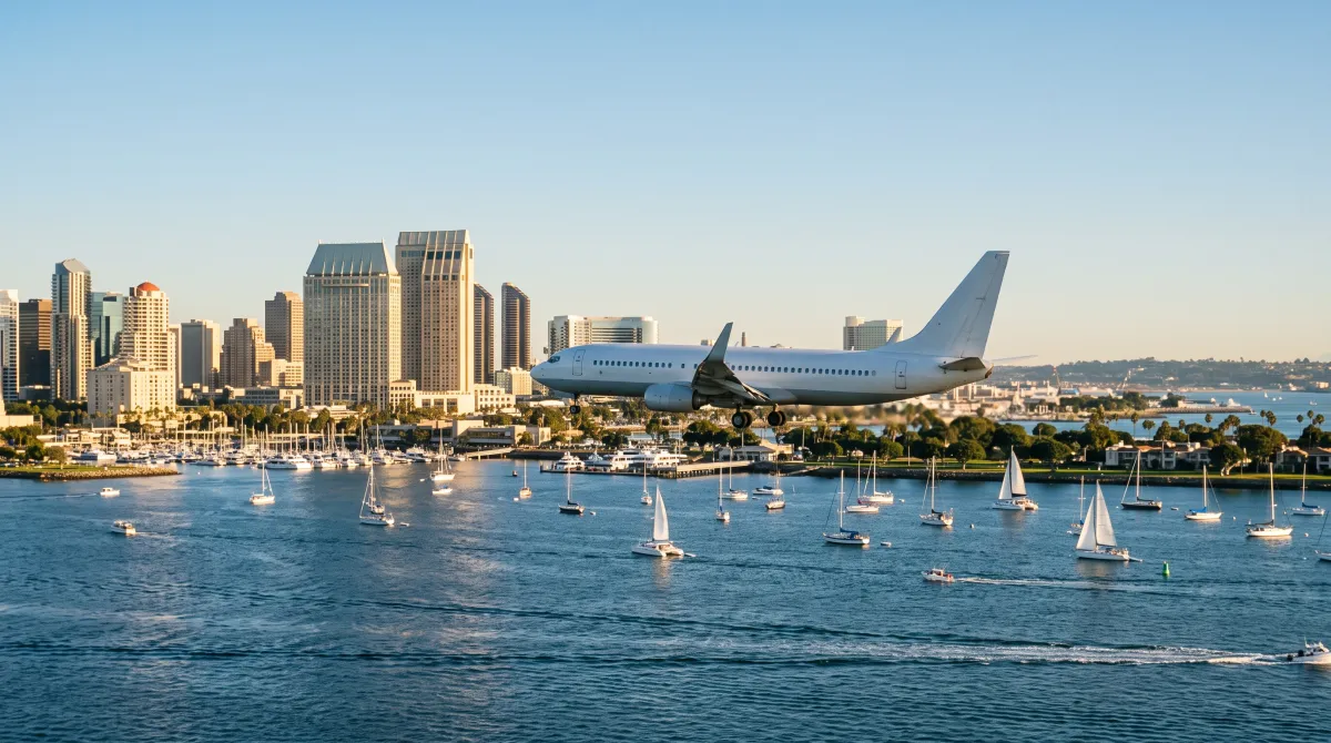 Plane landing over San Diego Bay near downtown and San Diego International Airport