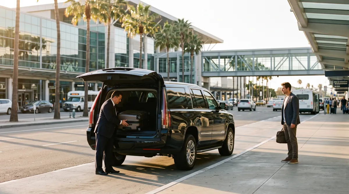 Chauffeur loading luggage into a black SUV at the San Diego airport arrivals curb