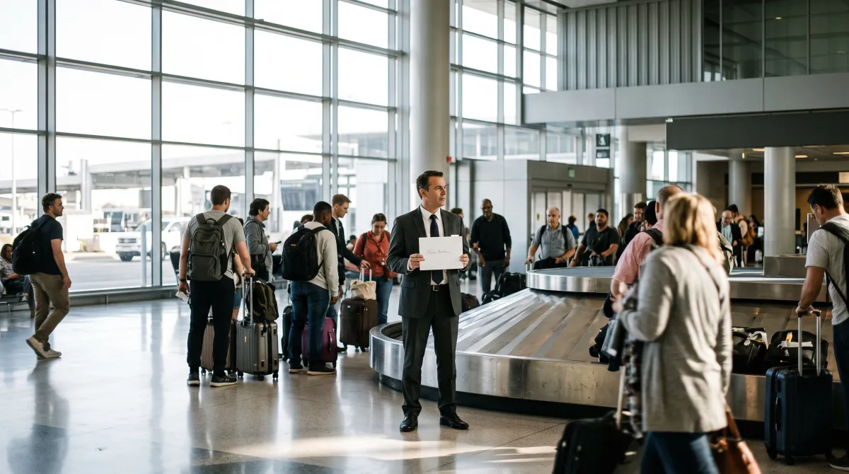 Chauffeur with a name sign waiting at baggage claim at San Diego airport