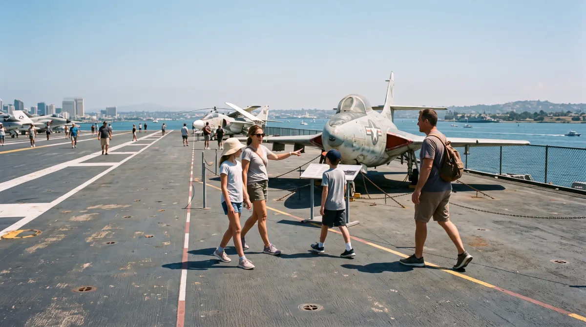 Family looking at a restored Navy jet on the USS Midway Museum flight deck